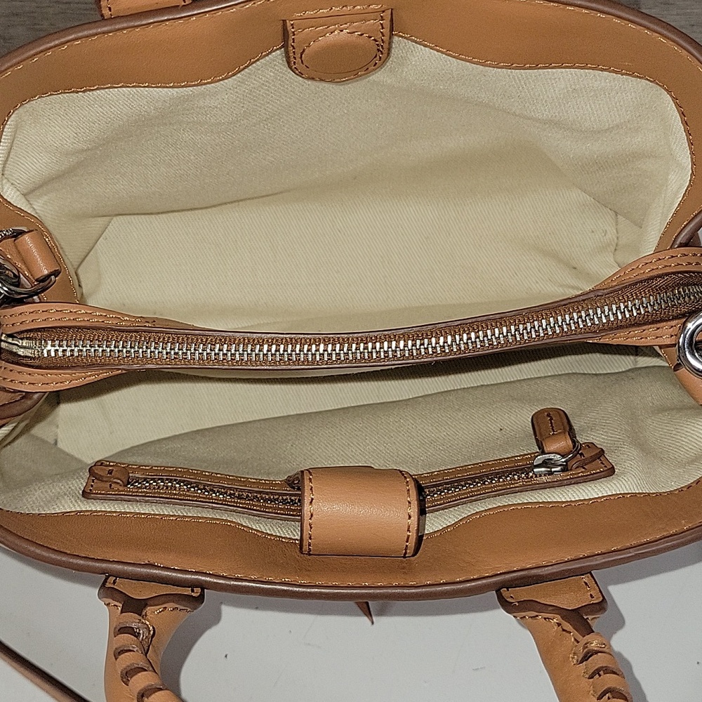 Polo by Ralph Lauren Camel Leather Satchel with Braided Trim Crossbody Bag - Picture 11 of 16